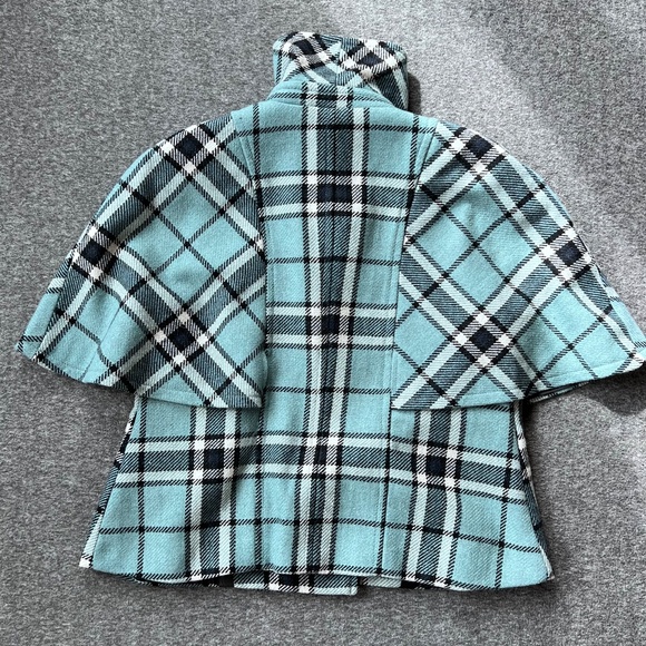 Mossimo Plaid Cape Style Sleeve Wool Blend Pea Coat Sz L Robin Blue - Picture 7 of 12